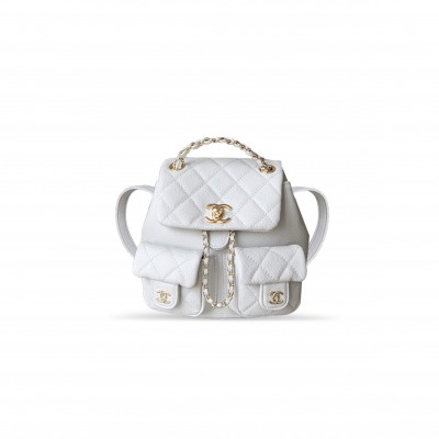 CHANEL SMALL SHINY CAVIAR QUILTED DUMA POCKETS DRAWSTRING BACKPACK WHITE 129220 (17.5*16.5*10cm)